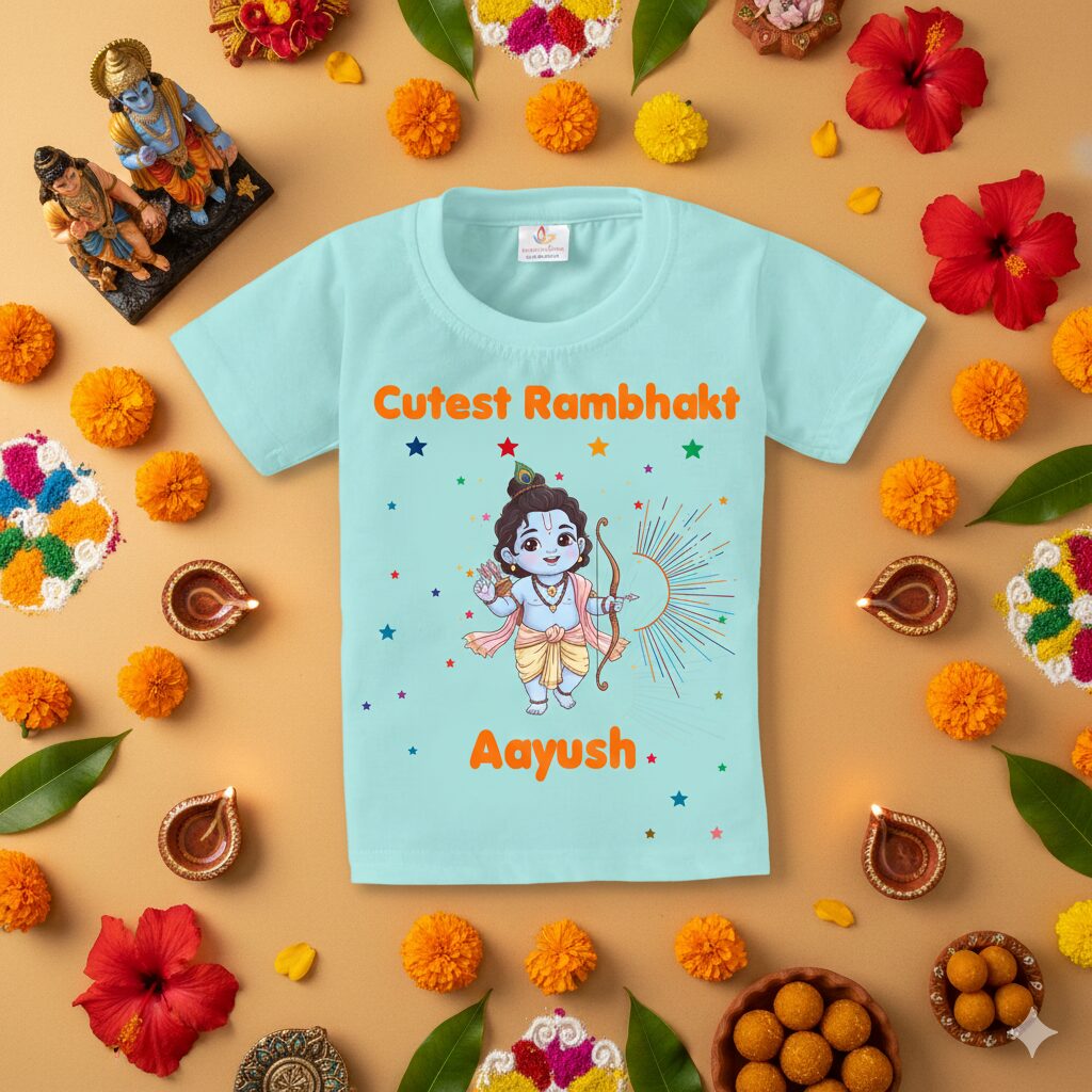 Cutest Rambhakt Baby Kids T-Shirt with Custom Name Cute Lord Ram Cartoon Print Cotton T-Shirt for Boys & Girls Ram Navami Festival Kids Outfit Age 6-12 Months or 1-12 Years Color White, Pink, Sea Green, Lemon, Black – Babywish - Image 5