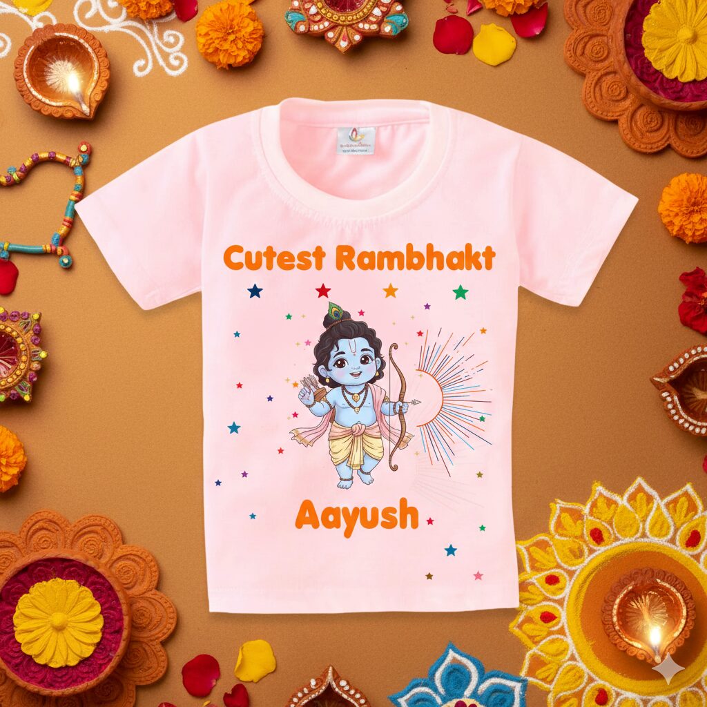 Cutest Rambhakt Baby Kids T-Shirt with Custom Name Cute Lord Ram Cartoon Print Cotton T-Shirt for Boys & Girls Ram Navami Festival Kids Outfit Age 6-12 Months or 1-12 Years Color White, Pink, Sea Green, Lemon, Black – Babywish - Image 8