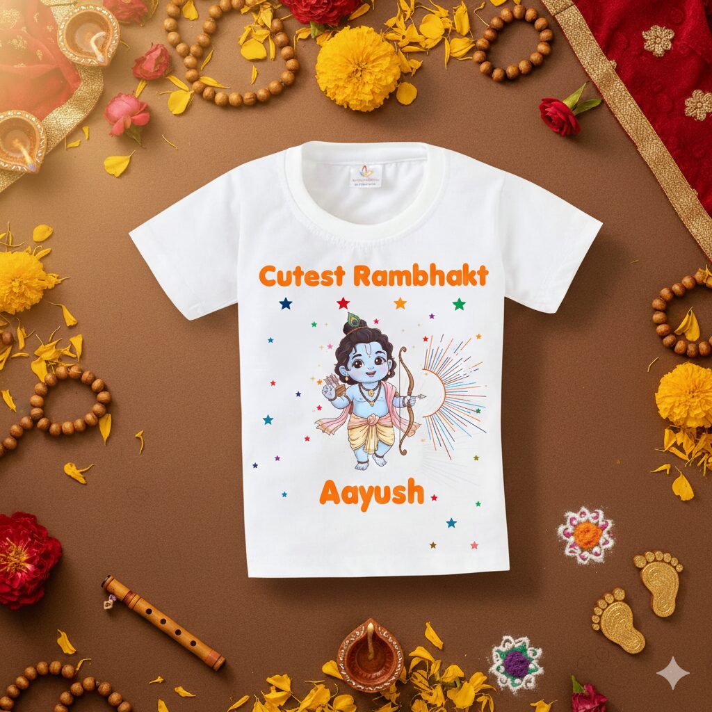 Cutest Rambhakt Baby Kids T-Shirt with Custom Name Cute Lord Ram Cartoon Print Cotton T-Shirt for Boys & Girls Ram Navami Festival Kids Outfit Age 6-12 Months or 1-12 Years Color White, Pink, Sea Green, Lemon, Black – Babywish - Image 2