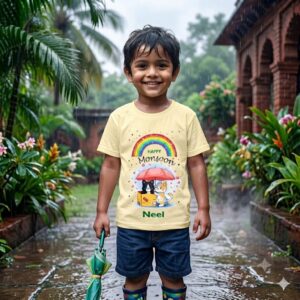 Happy Monsoon Kids T-Shirt with Custom Name Neel | Rainbow Rain Theme Cotton T-Shirt for Baby Boys & Girls | Cute Monsoon Outfit for Toddlers | Babywish