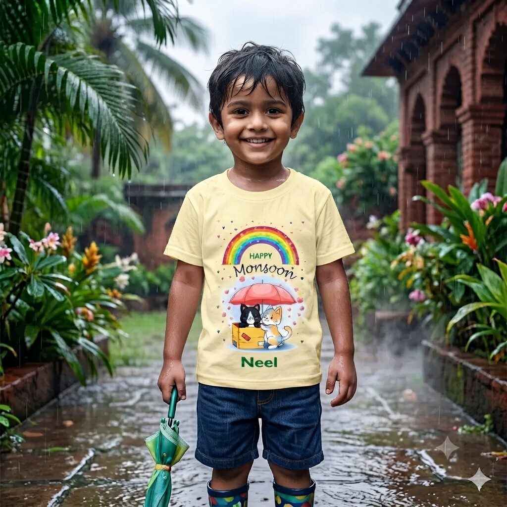 Happy Monsoon Kids T-Shirt with Custom Name Neel | Rainbow Rain Theme Cotton T-Shirt for Baby Boys & Girls | Cute Monsoon Outfit for Toddlers | Babywish