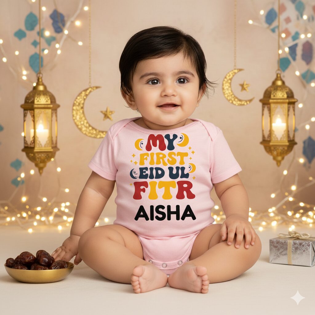 My First Eid Ul Fitr Baby T-Shirt Custom Name Aisha Cute Eid Outfit for Boys & Girls Soft Cotton Age 6-12 Months or 1-12 Years Color White, Pink, Sea Green, Lemon, Black – Babywish
