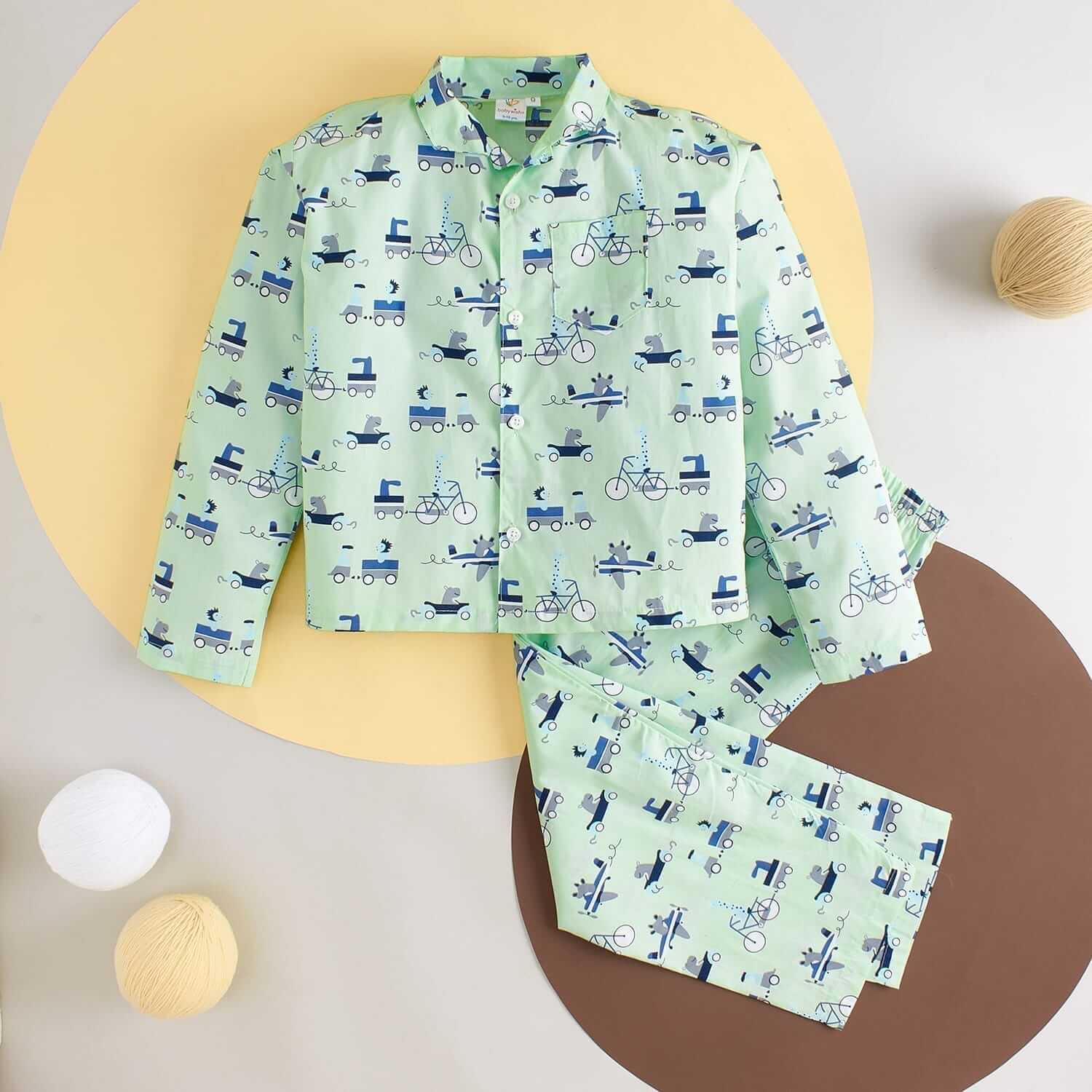 Kids Sleepsuit for Baby Boy’s and Girl’s Topwear and Pajamas Set Long Sleeve Sleepwear Baby Clothing Sets - Green Vehicles Print