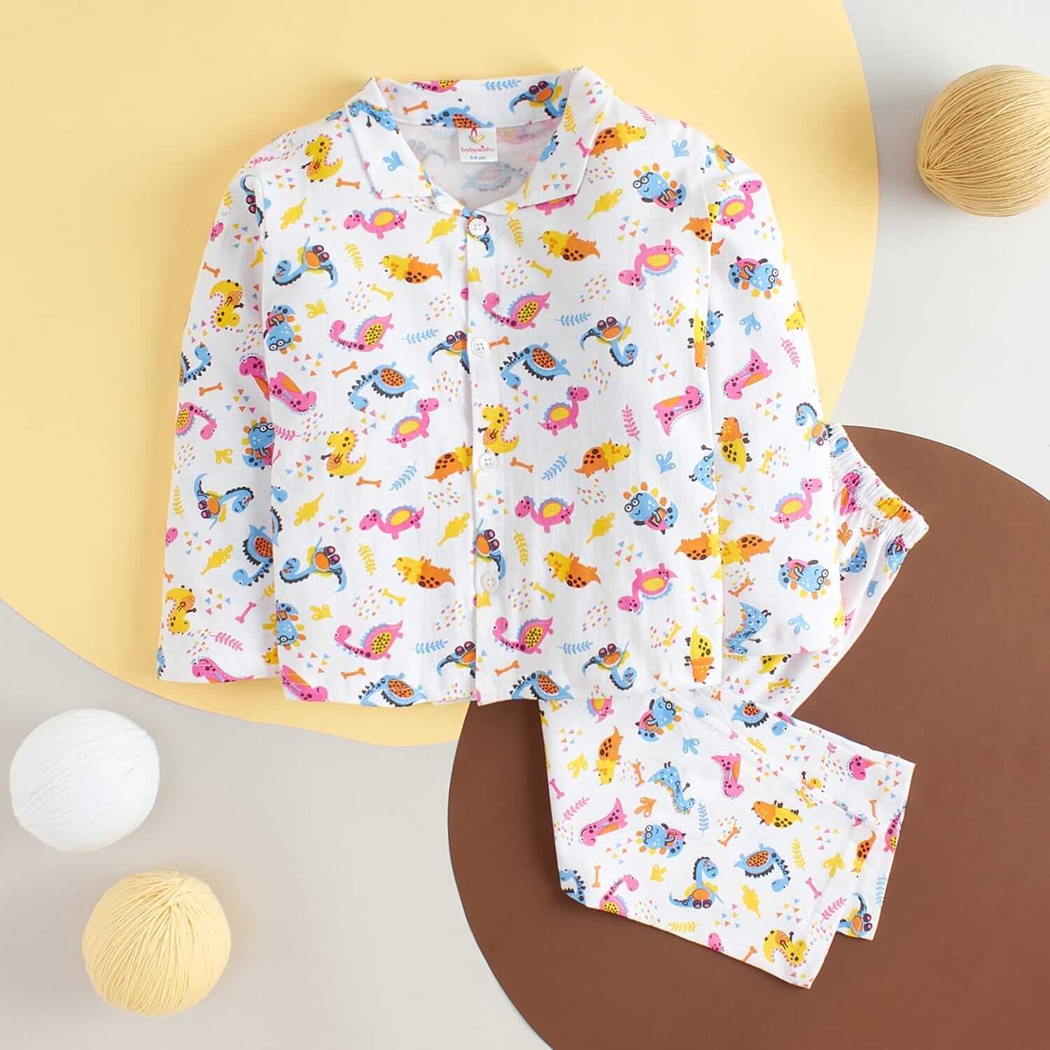 Kids Sleepsuit for Baby Boy’s and Girl’s Topwear and Pajamas Set Long Sleeve Sleepwear Baby Clothing Sets - White Dinosour Print