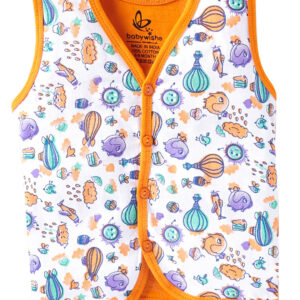Sleeveless baby vest with colorful prints and orange trim