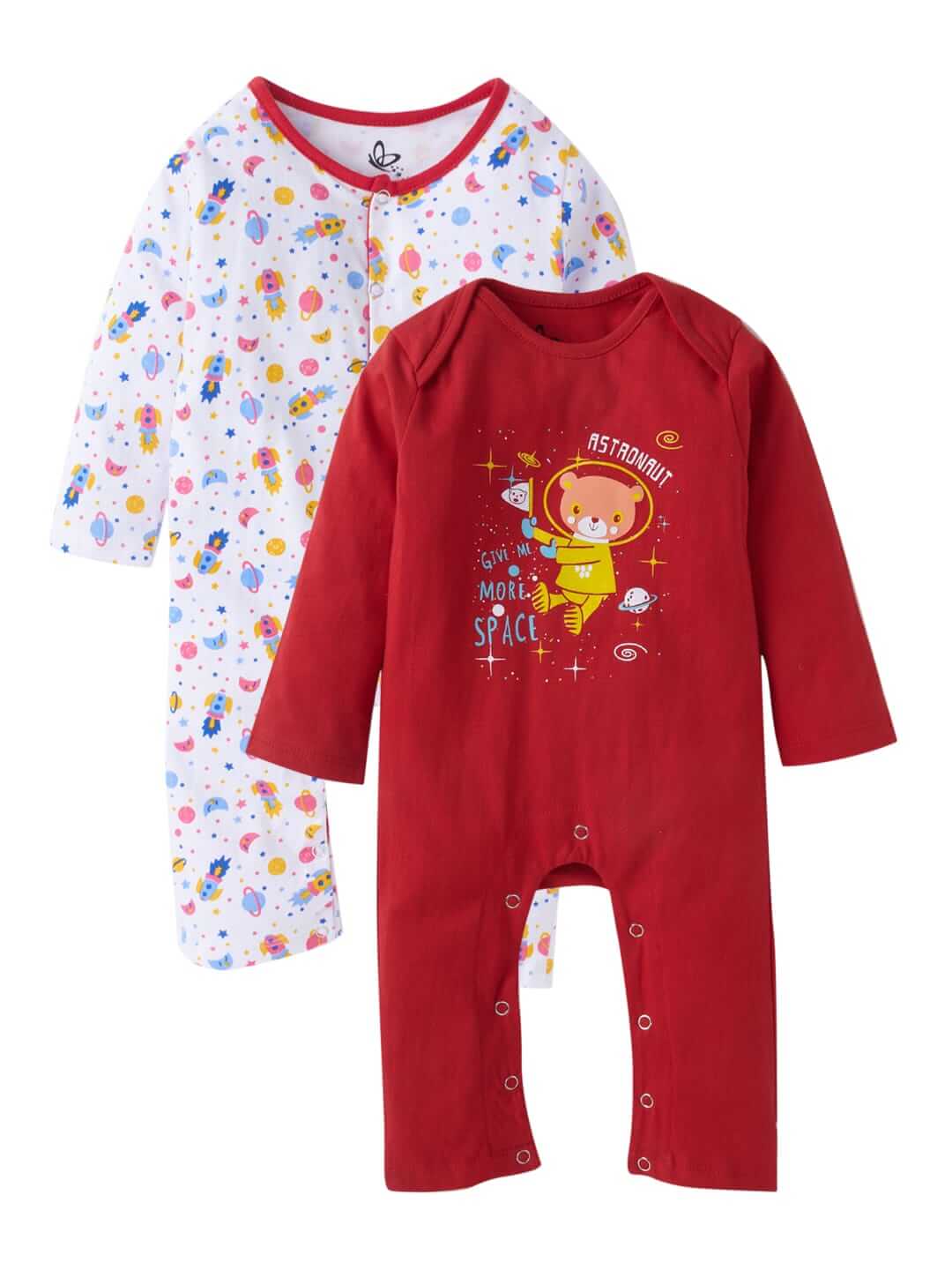 Baby Boy's and Baby Girl’s Bodysuits Cotton Full Sleeve Rompers Onesies for Infant Space Theme Print Set of 2