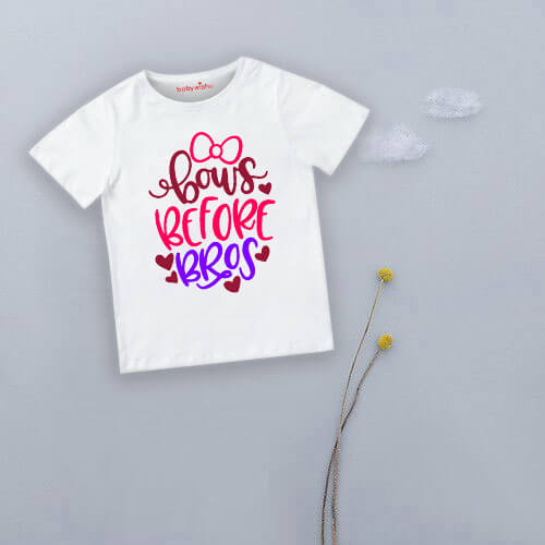 Bows Before Bros Kids T-Shirt Cute Printed Cotton Half Sleeve Baby Girl Outfit Casual Wear Soft Comfortable Tee White Pink Lemon Sea Green Age 6-12 Months 1-12 Years Babywish