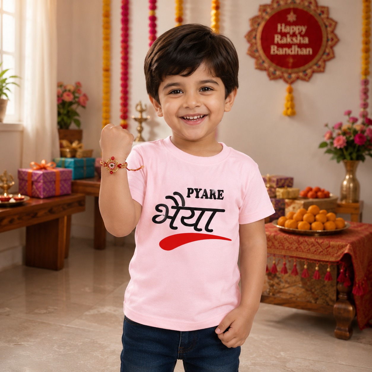 Pyare Bhai Rakhi T Shirt in soft premium cotton. Personalized Raksha Bandhan kids t shirt for brother sister celebrations.