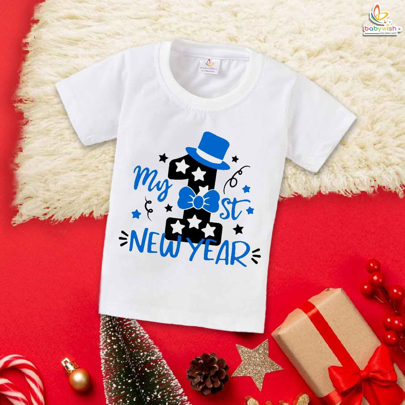 My First New Year T-shirt in Purple Print | Cute Baby New Year Clothes | Cotton Half Sleeve Infant Outfit | Adorable Babywear for Boys & Girls to Celebrate First New Year Party -Babywish