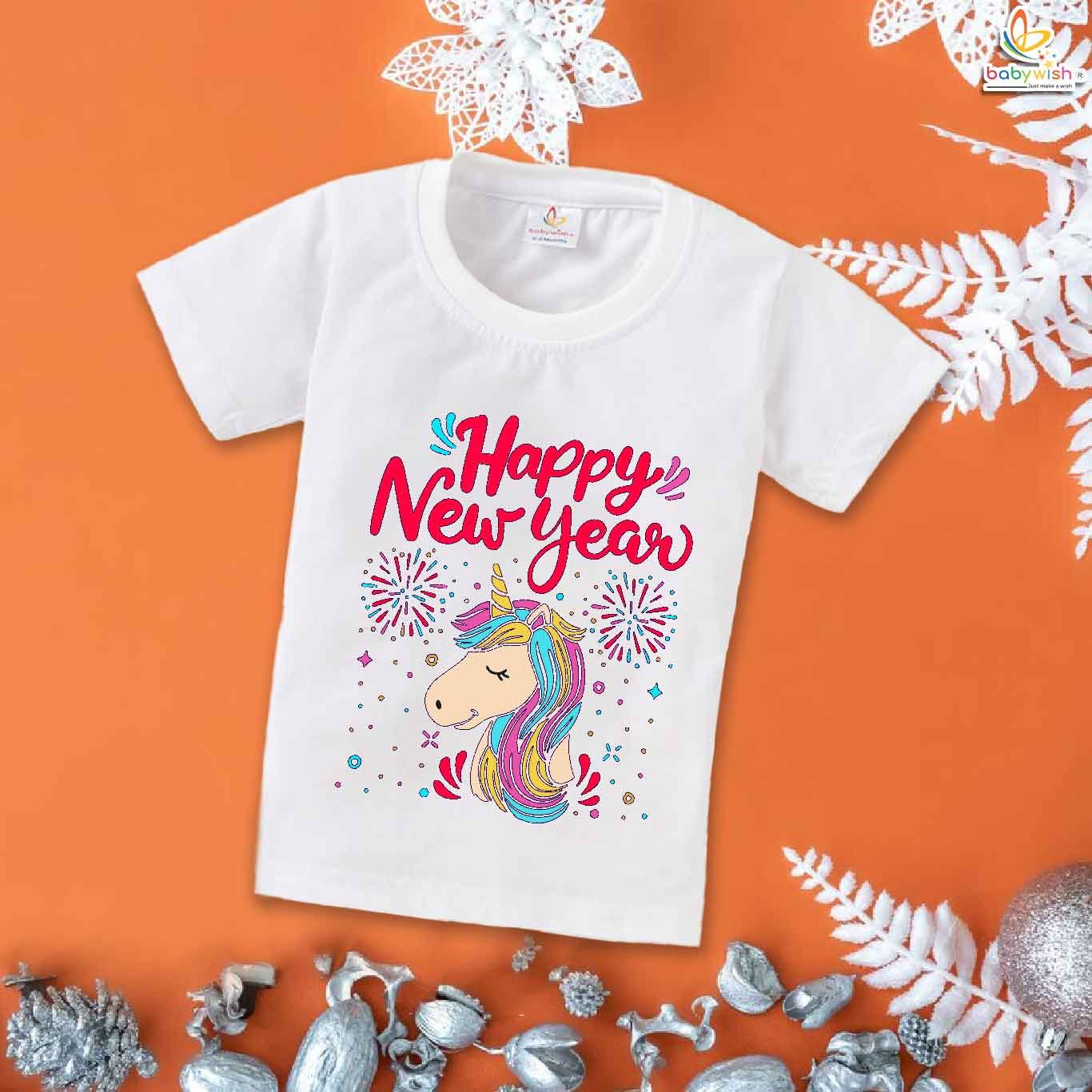 Adorable My First New Year Baby T-Shirt Unicorn Horse Print – Soft Cotton Unisex Half Sleeve Outfit for Infant Boys & Girls | Cute Festive Party & Photoshoot Dress – Babywish