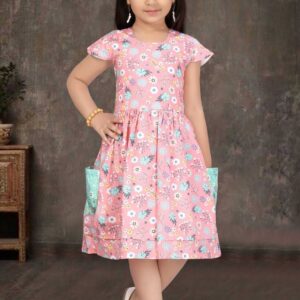 Babywish Girls Floral Print Sleeveless Cotton Knee Length Frock with Two Side Pockets, Flutter Wings Design, Party Wear Birthday Dress, Wedding Outfit, Summer Casual Wear for Kids Color Pink Age 1-12 Years Babywish