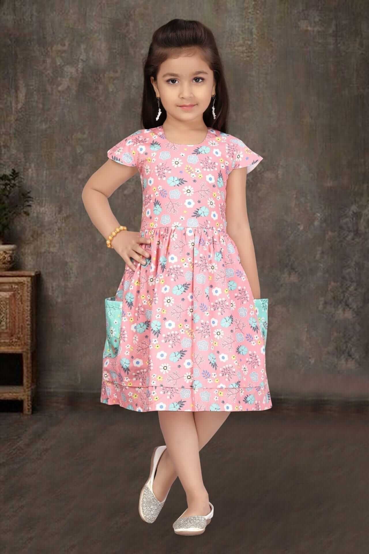 Girl Dress Knee Length Frock Floral Prints Girls Flutter Wings Sleeveless Cotton Dress with Two Side Pockets All Over Floral Print Perfect for Party, Birthday, Wedding or Summer Outfits