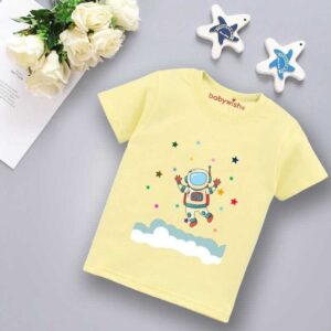 Babywish Astronaut Print Baby T-Shirt Cute Space Theme Kids Cotton Tee Soft Comfortable Summer Wear for Boys & Girls | Lemon Pink White | 6-12 Months to 1-12 Years