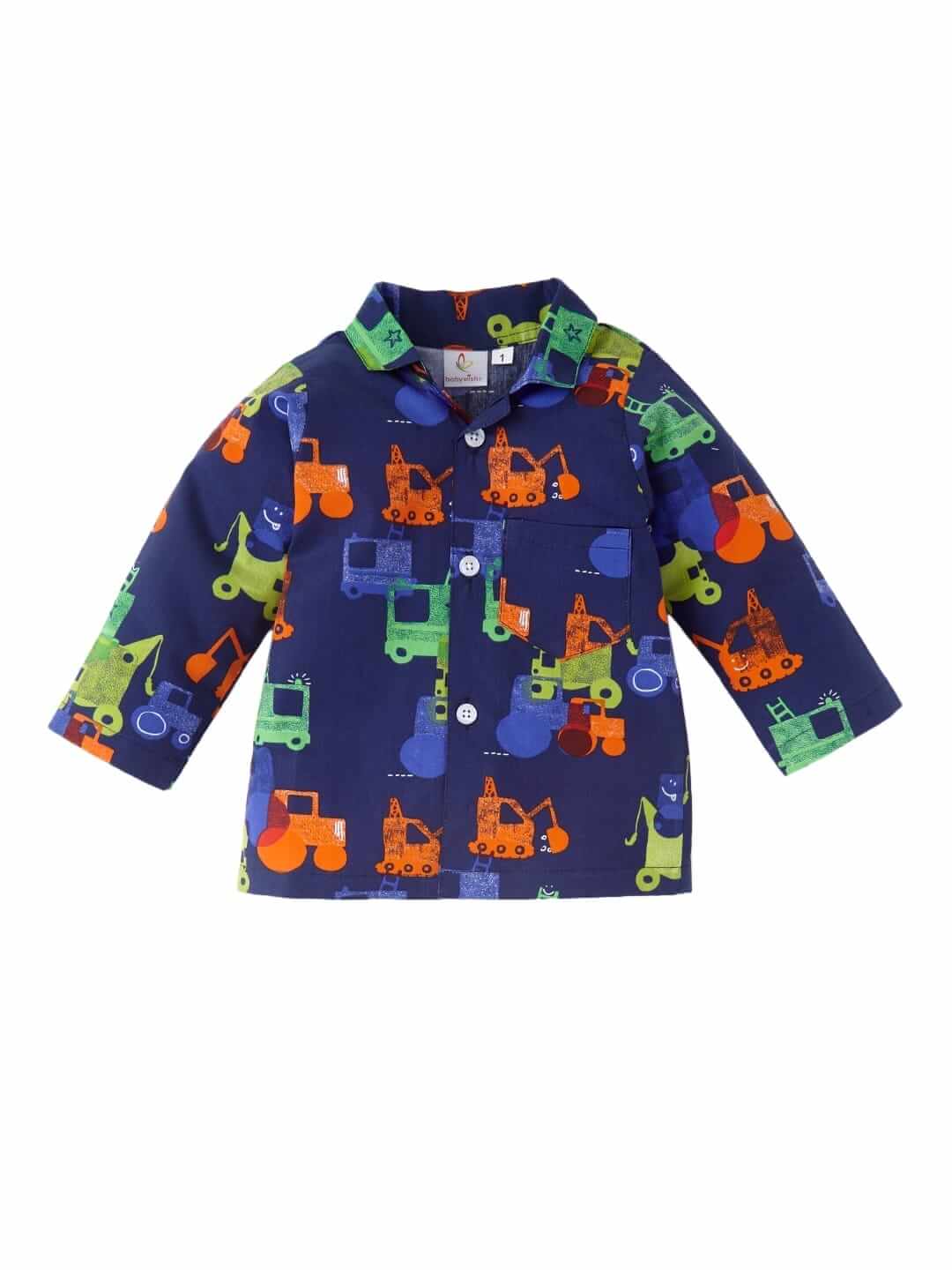 Navy Blue Vehicle Printed Full Sleeve Baby Night Suit Set for Boys & Girls - Image 2