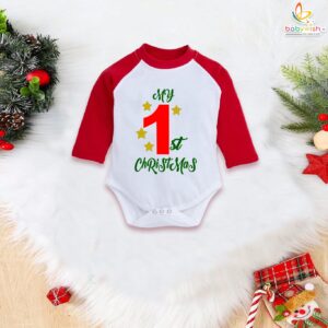 Beautiful Baby Christmas Outfit | My First Christmas Glitter Half Romper | Soft Thermal Full Sleeve Baby Bodysuit | Festive Red-White or Black-White Christmas Outfit | 0–12 Months | Babywish