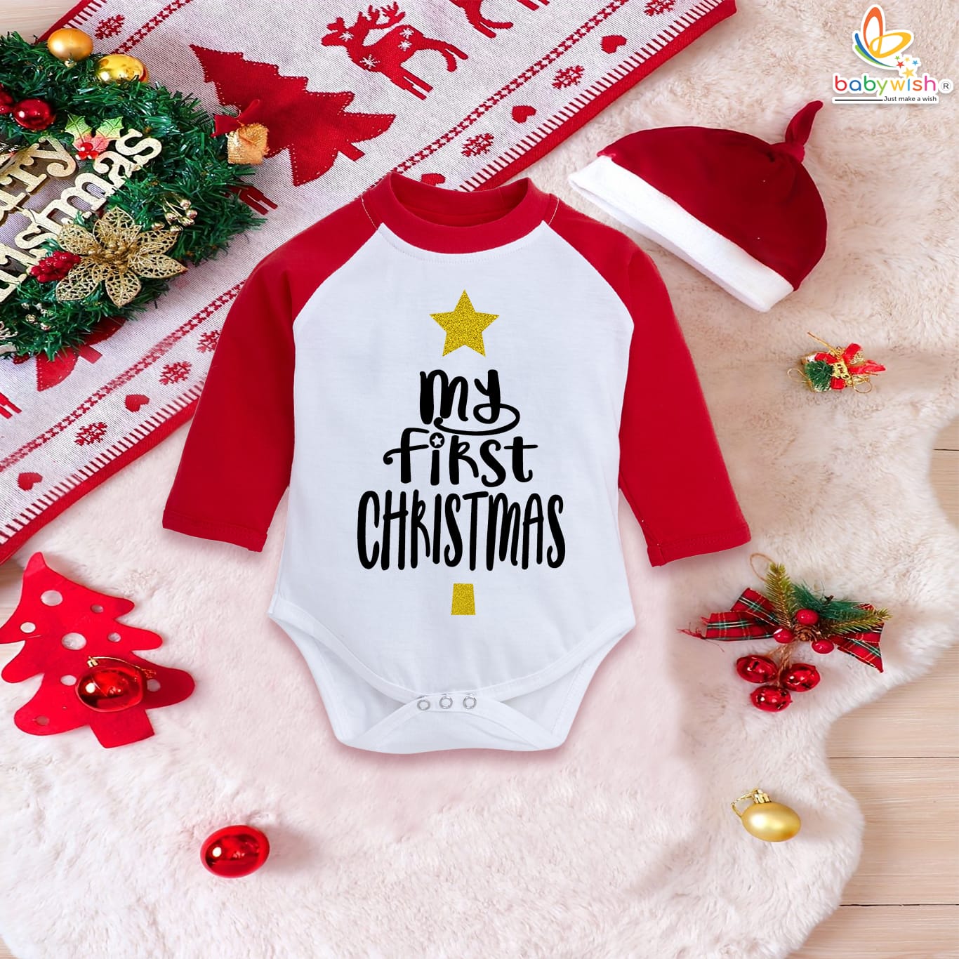 Baby Christmas Sparkle Newborn Romper | My First Christmas Glitter Print Soft Cotton Full Sleeve Romper with Thermal & Glitter Tree Design | Festive Holiday Bodysuit for Babies | Colors: Red-White & Black-White | Age 0–12 Months | Babywish
