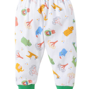 White Animal Printed Baby Jogger Pants with Green Cuffs for Boys & Girls (0-6 Months & 6-12 Months & 12-18 Months)