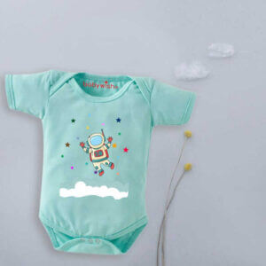 Baby Astronaut Print Romper for Newborn Baby Boy & Girl, Soft Cotton Half Sleeve Onesie, 0-12 Months, Mint Green Color | Babywish