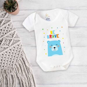 Baby Boy White Cotton Romper with Cute Bear Print & Be Brave Design | Soft Newborn Baby Onesie Bodysuit for Infants 0-12 Months Months| Babywish