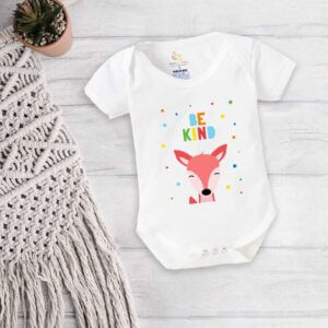 Baby Girl White Cotton Romper Bodysuit with Cute Deer Print & Be Kind Design | Soft Newborn Baby Onesie 0-3 Months Premium Babywear White 0-12 Months | Babywish