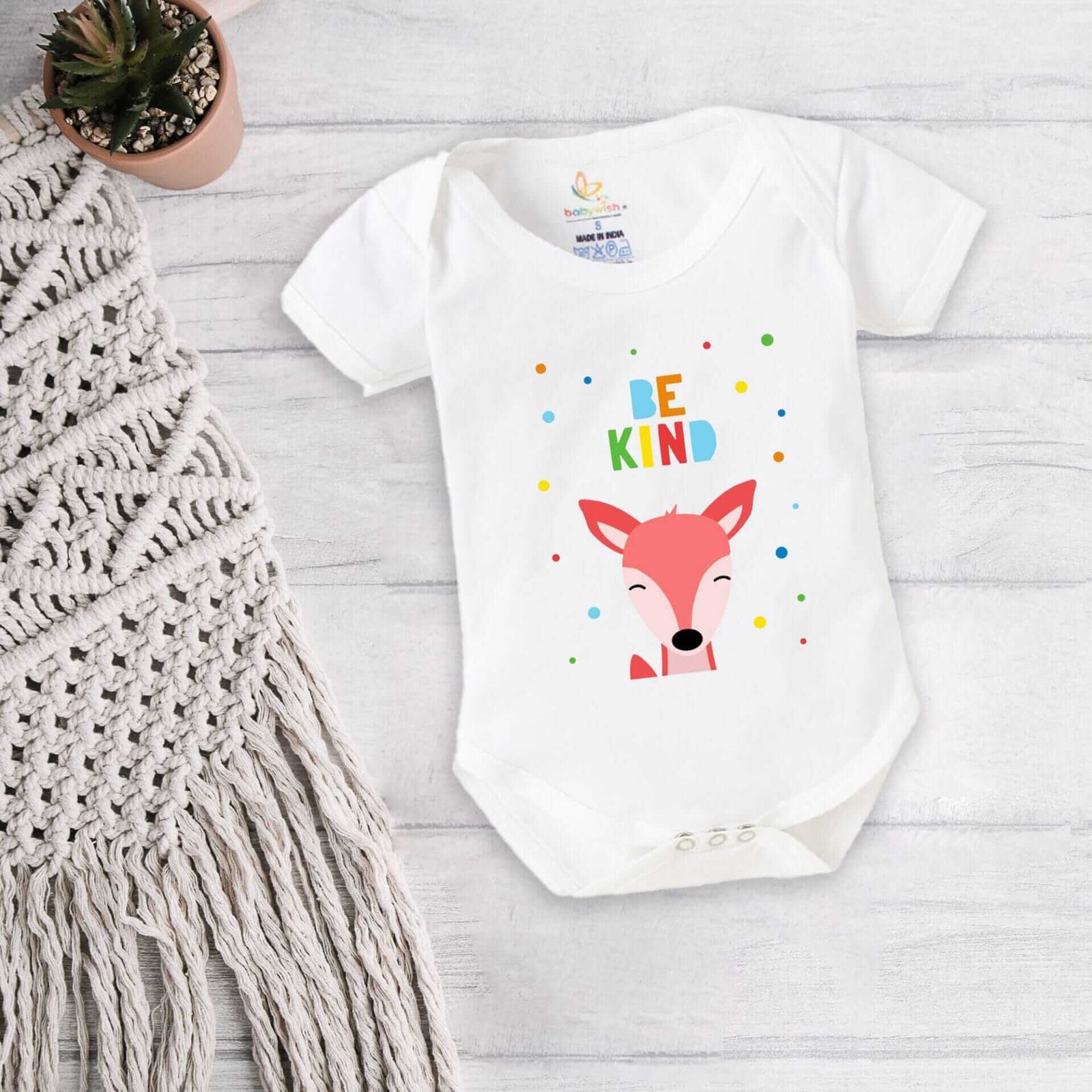 Baby First Birthday Celebrations Romper Clothes for Newborns – Cute Bodysuit Outfit, Half Sleeve Unisex Onesies, Envelop Neck Design “Be Kind Deer Print”