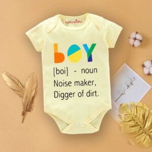 Boy Definition Printed Baby Bodysuit for Newborn Baby Boy | Soft Cotton Half Sleeve Onesie Romper | Funny Graphic Baby Clothing for Infants | Light Yellow Color 0-12 Months | Babywish