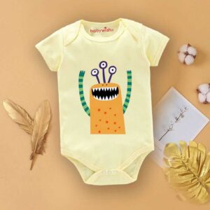 Cute Cartoon Monster Baby Bodysuit for Newborn Babies, Funny Monster Printed Baby Romper for Boys & Girls, Cream Yellow Color 0-12 Months | Babywish