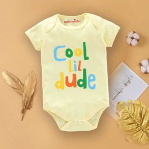 Cool Lil Dude Print Baby Romper for Newborn Baby Boy & Girl, Soft Cotton Half Sleeve Onesie, Comfortable Infant Bodysuit for Daily Wear, 0-12 Months, Light Yellow Color | Babywish