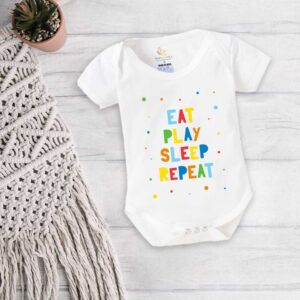 Baby Boys & Girls Eat Play Sleep Repeat Printed Cotton Bodysuit Romper for Newborn Baby, Soft Half Sleeve Onesie, Cute Infant Daily Wear, Comfortable Baby Clothing White 0-12 Months | Babywish