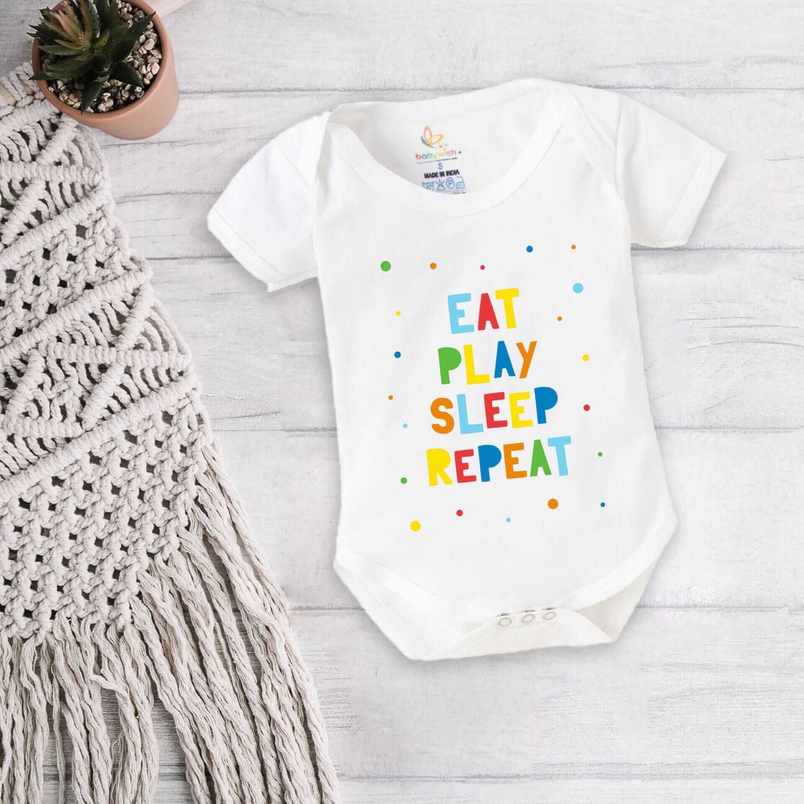 Baby First Birthday Celebrations Romper Clothes for Newborns – Cute Bodysuit Outfit, Half Sleeve Unisex Onesies, Envelop Neck Design “Eat, Play, Sleep Repeat”