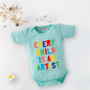 Every Child Is An Artist Baby Romper for Newborn Babies, Soft Cotton Half Sleeve Onesie, Inspirational Printed Infant Bodysuit, Comfortable Baby Summer Wear, Mint Green Color, 0-12 Months | Babywish