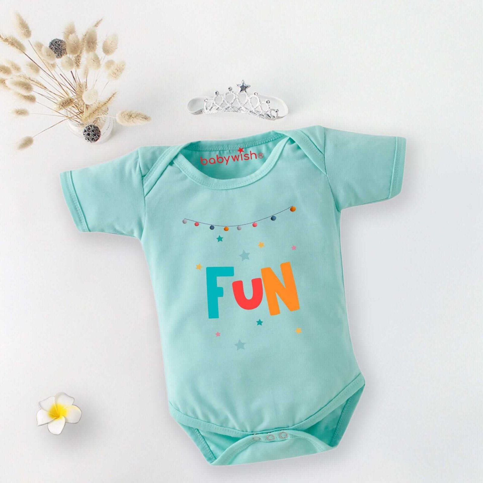 Baby First Birthday Romper Clothes for Newborns – Half Sleeve Unisex Bodysuits with Envelop Neck, Cute “Fun Star Print” Outfit