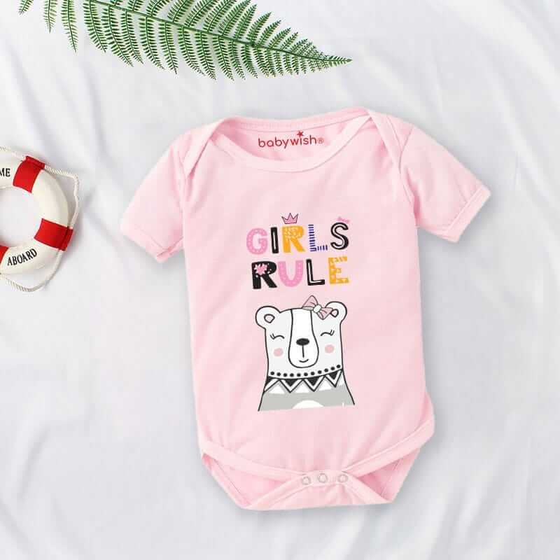 Baby First Birthday Romper Outfit for Newborns – Half Sleeve Bodysuits, Unisex Onesies with Envelop Neck, Cute “Girl's Rule” Design