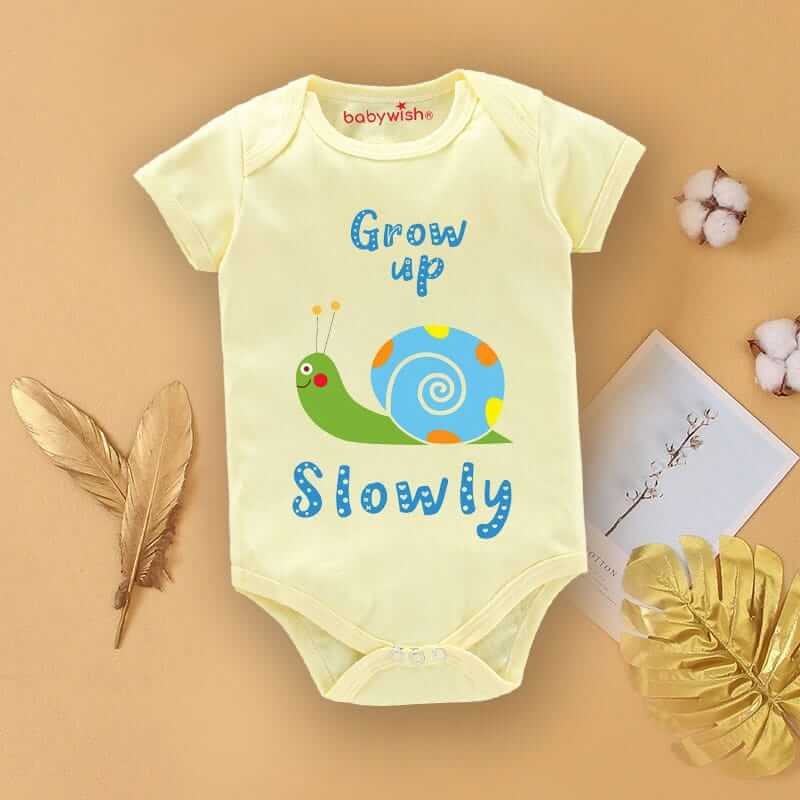 Baby First Birthday Romper Clothes for Newborns – Half Sleeve Bodysuits, Unisex Onesies with Envelop Neck, Cute “Grow Up Slowly” Design