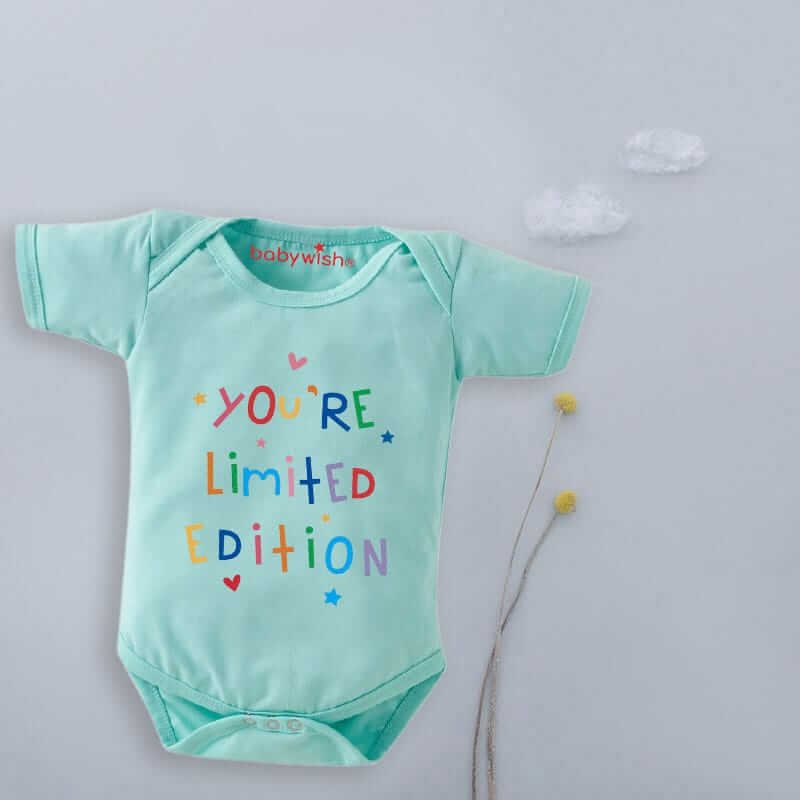 Baby First Birthday Romper Clothes for Newborns – Half Sleeve Unisex Bodysuits with Envelop Neck, Adorable “Heart Editions Star Print” Outfit
