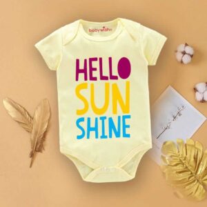 Hello Sunshine Print Baby Romper Soft Cotton Half Sleeve Newborn Bodysuit Cute Infant Summer Wear Comfortable Daily Baby Clothes Yellow Color 0-12 Months | Babywish