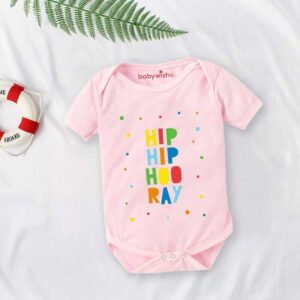 Baby Girl Pink Cotton Romper with Hip Hip Hooray Print | Soft Newborn Baby Onesie Bodysuit for Infants Premium Babywear Pink Color 0-12 Months | Babywish