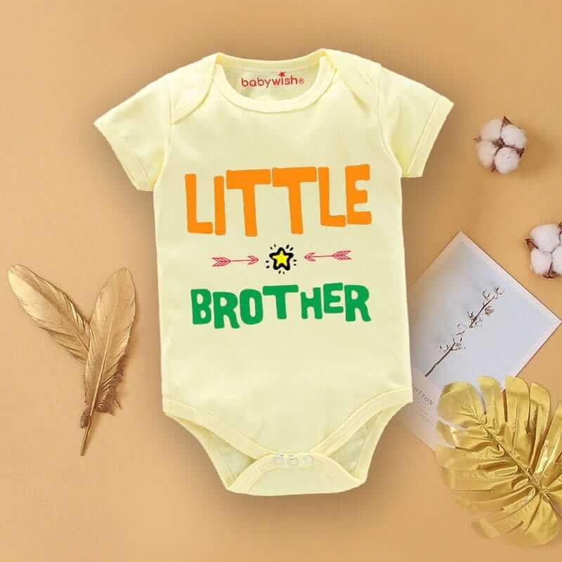 Baby First Birthday Romper Outfit for Newborns – Half Sleeve Bodysuits, Unisex Onesies with Envelop Neck, Cute “Little Brother Print” Design