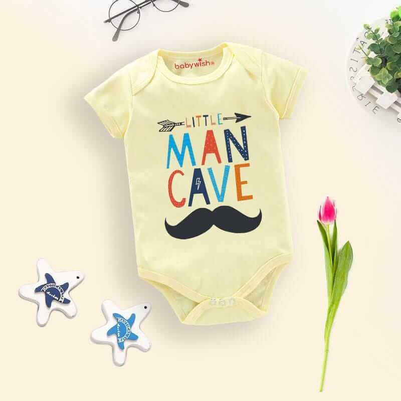 Baby First Birthday Romper Outfit for Newborns – Half Sleeve Bodysuits, Unisex Onesies with Envelop Neck, Cute “Little Man Cave” Design