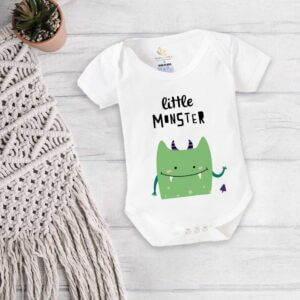 Little Monster Baby Bodysuit for Newborn Babies, Cute Cartoon Monster Printed Baby Romper for Boys & Girls,  White Color 0-12 Months | Babywish