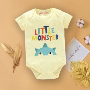 Little Monster Printed Baby Bodysuit for Newborn Baby Boy & Girl | Soft Cotton Half Sleeve Onesie Romper | Cute Cartoon Baby Clothing for Infants | Light Yellow Color 0-12 Months | Babywish
