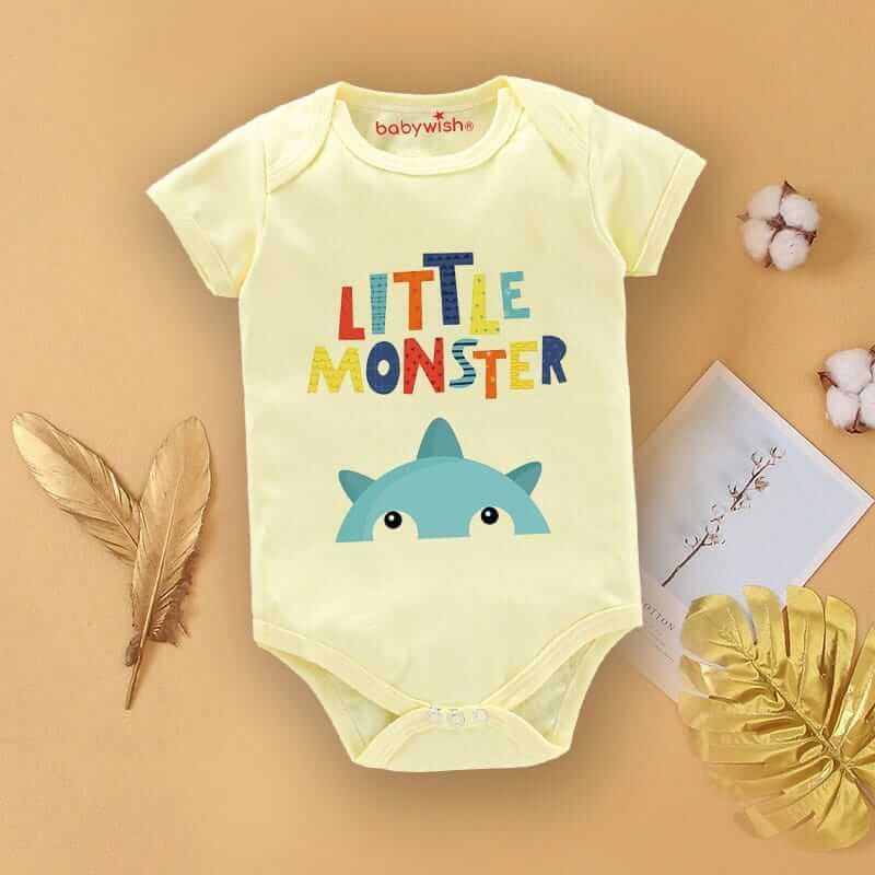 Baby First Birthday Romper Clothes for Newborns – Half Sleeve Bodysuits, Unisex Onesies with Envelop Neck, Adorable “Little Monster Theme” Design
