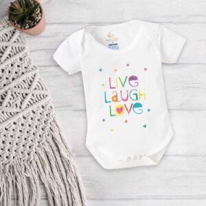 White Color Baby Bodysuit with Live Laugh Love Print for Newborn Baby Girl & Boy, 0-12 Months | Babywish