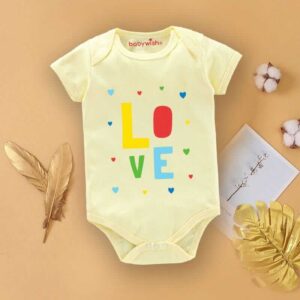Baby Boys & Girls Love Printed Cotton Bodysuit Romper for Newborn Baby, Soft Half Sleeve Onesie, Cute Heart Design Infant Wear, Comfortable Daily Wear Baby Clothing Light Yellow | 0-12 Months | Babywish