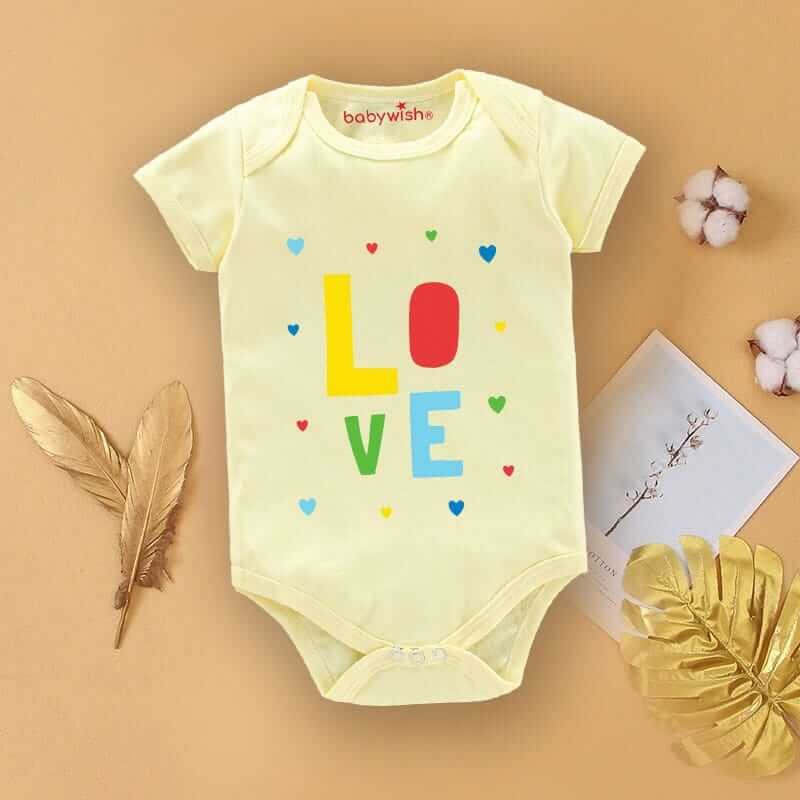 Baby First Birthday Celebrations Romper Clothes for Newborns – Cute Bodysuit Outfit, Half Sleeve Unisex Onesies, Envelop Neck Design “Love Heart Print”