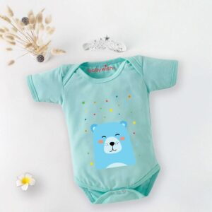 Cute Bear Print Baby Romper for Newborn Babies, Soft Cotton Half Sleeve Onesie, Comfortable Infant Bodysuit, Baby Summer Wear, Newborn Baby Clothing, Mint Green Color, 0-12 Months | Babywish