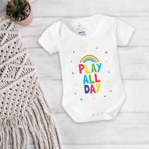 Baby Boys & Girls Play All Day Rainbow Printed Cotton Bodysuit Romper for Newborn Baby, Soft Half Sleeve Onesie, Cute Infant Daily Wear, Comfortable Baby Clothing White 0-12 Months | Babywish
