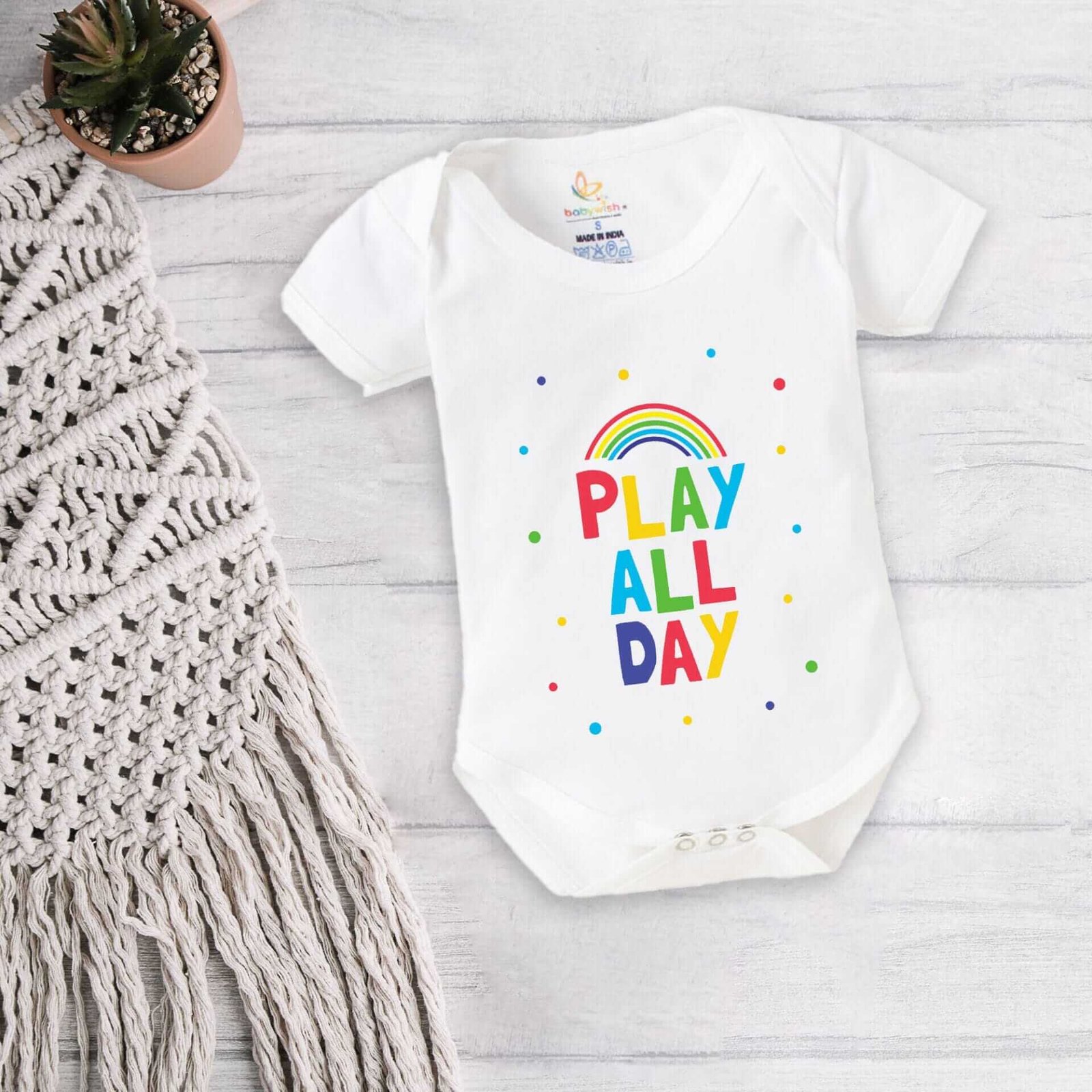 Baby First Birthday Celebrations Romper Clothes for Newborns – Cute Bodysuit Outfit, Half Sleeve Unisex Onesies, Envelop Neck Design “Play All Day”