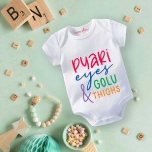 Pyari Eyes & Golu Thighs Printed White Baby Onesie for Newborn Babies Soft Cotton Half Sleeve Romper Cute Graphic Infant Bodysuit Daily Wear Baby Clothing, 0-12 Months White Color | Babywish