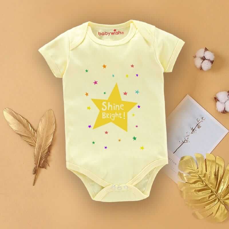 Baby First Birthday Romper Clothes for Newborns – Half Sleeve Bodysuits, Unisex Onesies with Envelop Neck, Cute “Shine Bright Star” Design